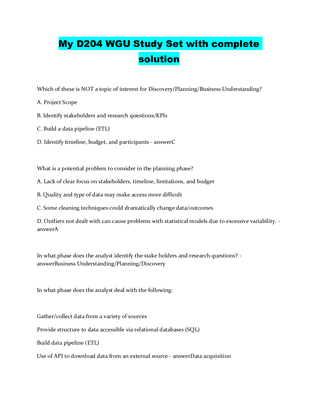 Preview image of My D204 WGU Study Set with complete solution document